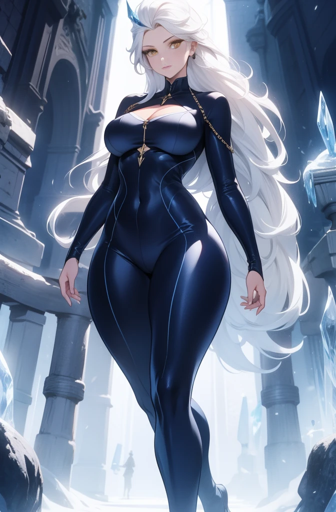 female, solo, young, sexy body, voluptuous figure, tightsuit, white hair, decolored blonde hair, ice effects around, ice queen, beautifull face, long hair, defined body, yellow and bright eyes, thick legs, strong legs, tall, Voluptuous legs, huge ass, big hip, big ass, female sorcerer, blue and black robes,