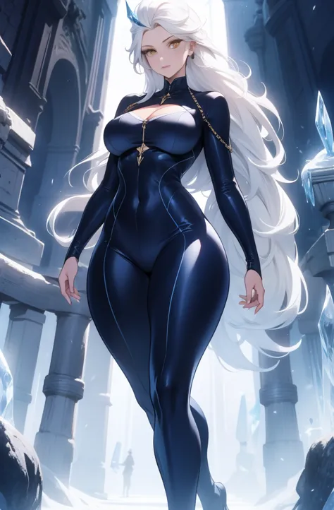 female, solo, young, sexy body, voluptuous figure, tightsuit, white hair, decolored blonde hair, ice effects around, ice queen, ...