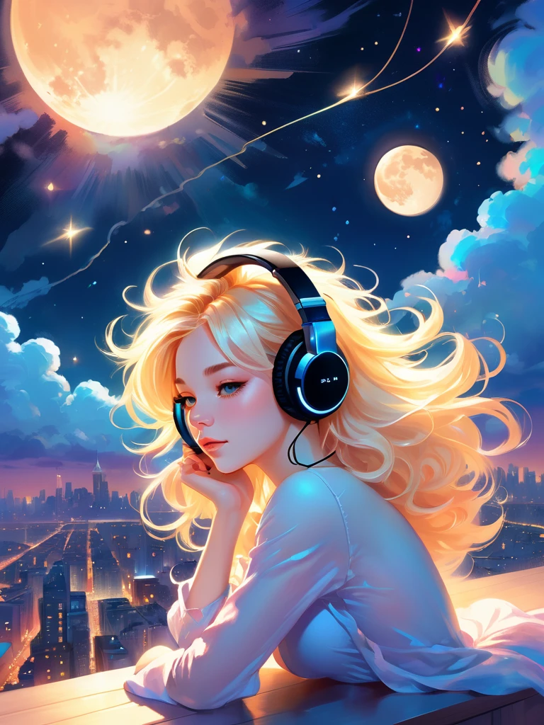 Красивая 20-летняя обнаженная блондинка с большими растрепанными волосами, с наушниками на ушах, лежа на пушистом облаке, изящно плывет над маленьким городом, городской пейзаж, мерцающие звезды и светящаяся луна ночью, милое детальное цифровое искусство, colorfull цифровое фэнтези-арт, цифровое фэнтези-арт ), глянцевая цифровая живопись, Россдрос Пастель Яркая, Россрисы 2. 5, Россрисы 1. 0