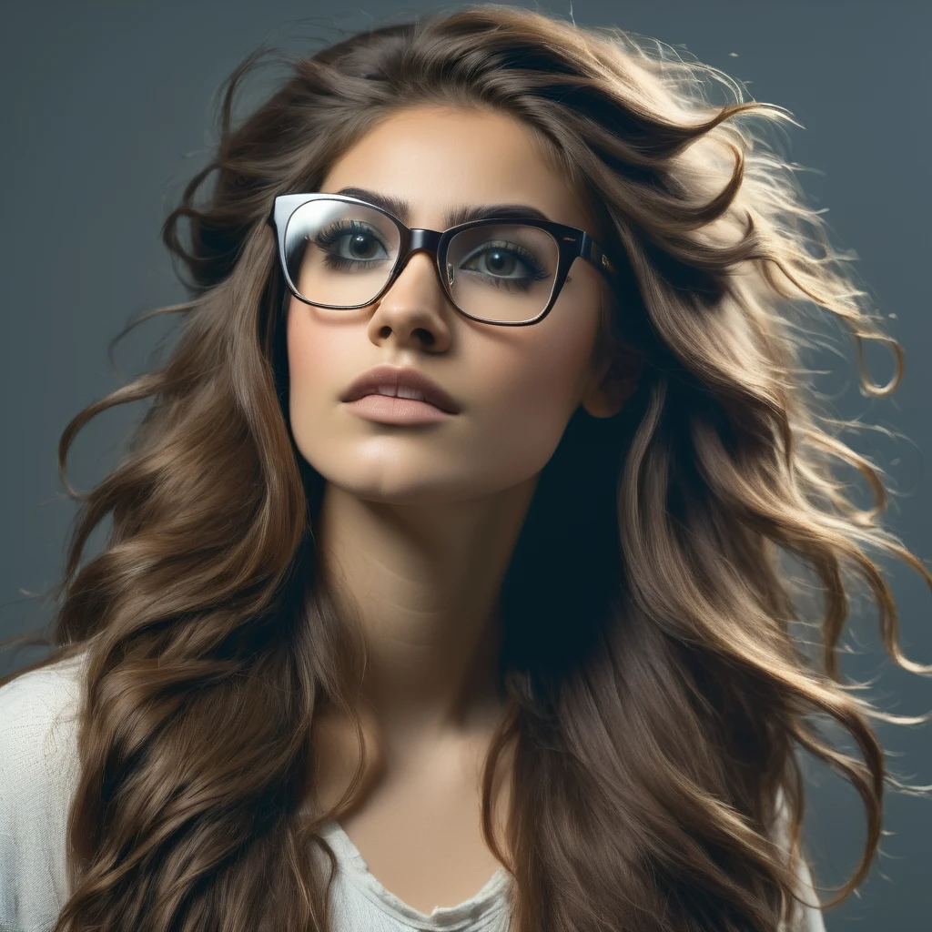 
bearded woman, long frizzy brown hair, wears glasses, geek nerd, plays video games