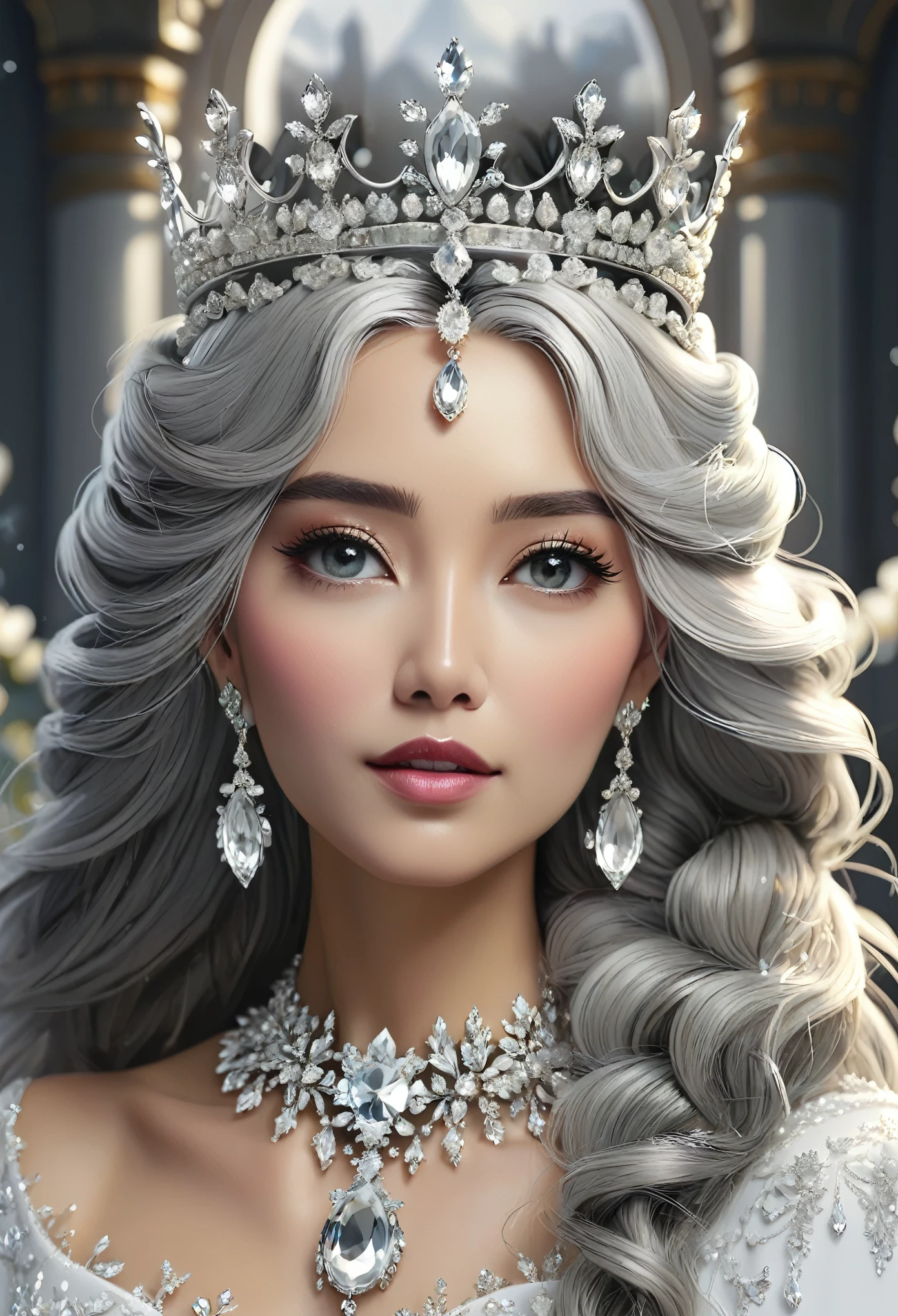 (masterpiece, Highest quality: 1.4), Detailed Background, White Crystal, Crystal clusters,Long Hair,jewelry, Earrings, necklace, Crown, bride, Gray Hair, Hello,