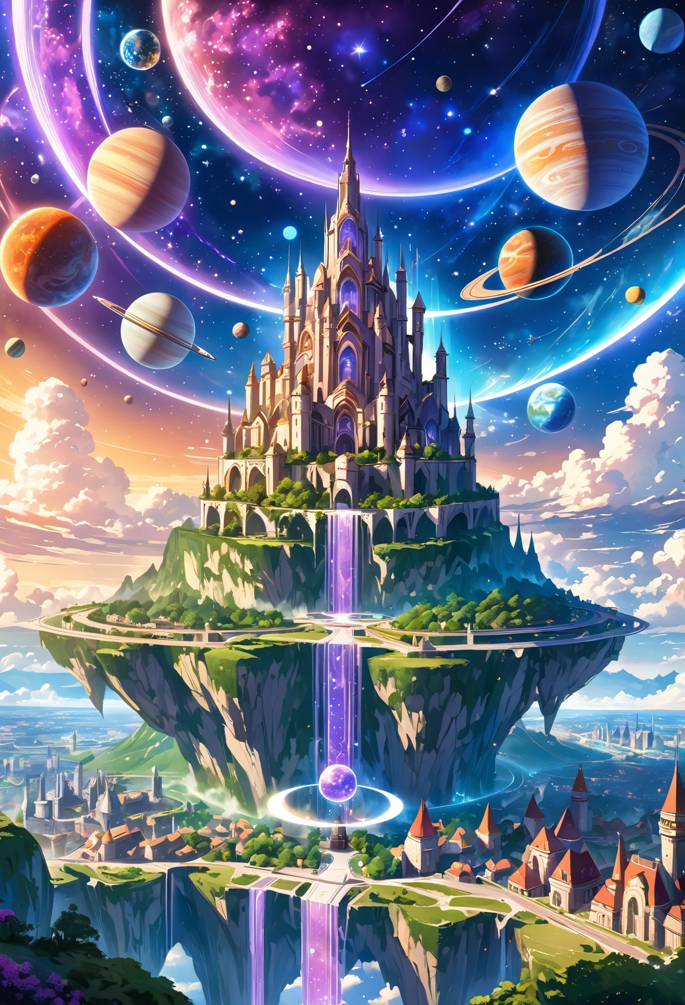 ((masterpiece)), best quality, (8K, best quality, masterpiece:1.2), Extremely detailed, illustration, Big Fantasy City, Science fiction, The Empty City, Floating city, There are many planets in the sky, There are clouds around, Celestial Architecture, Purple energy leaves scars, Giant castle in the center, Starry Sky