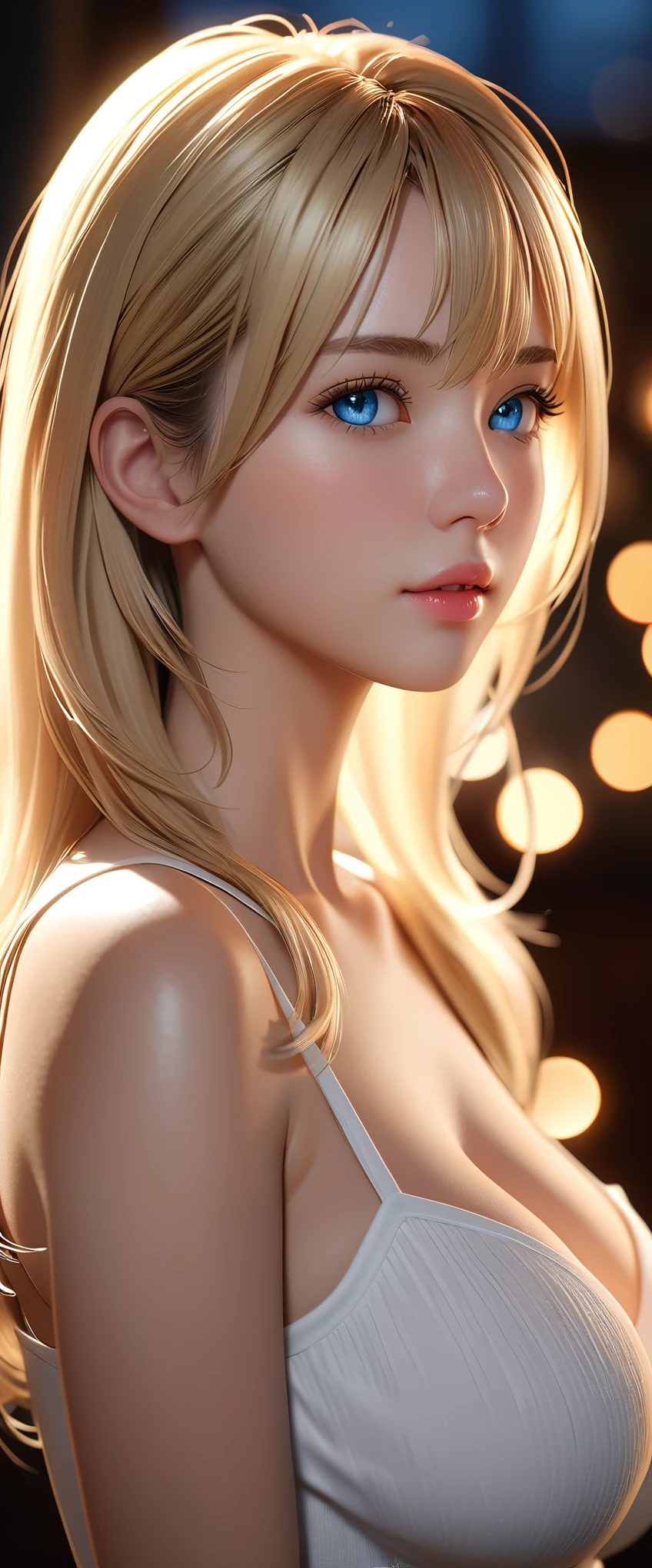 best quality, masterpiece, High resolution, portrait, current, blue eyes, blond, Large Breasts, 8K resolution, high qualityCG, Beautiful CG, Soft Light, The Tyndall effect, lifelike, two-tone lighting, Side lighting, (HD Skin:1.2), 8k ultra high definition, high quality, Volumetric lighting, confess, photography, 超High resolution, 8K, bokeh, Shallow depth of field