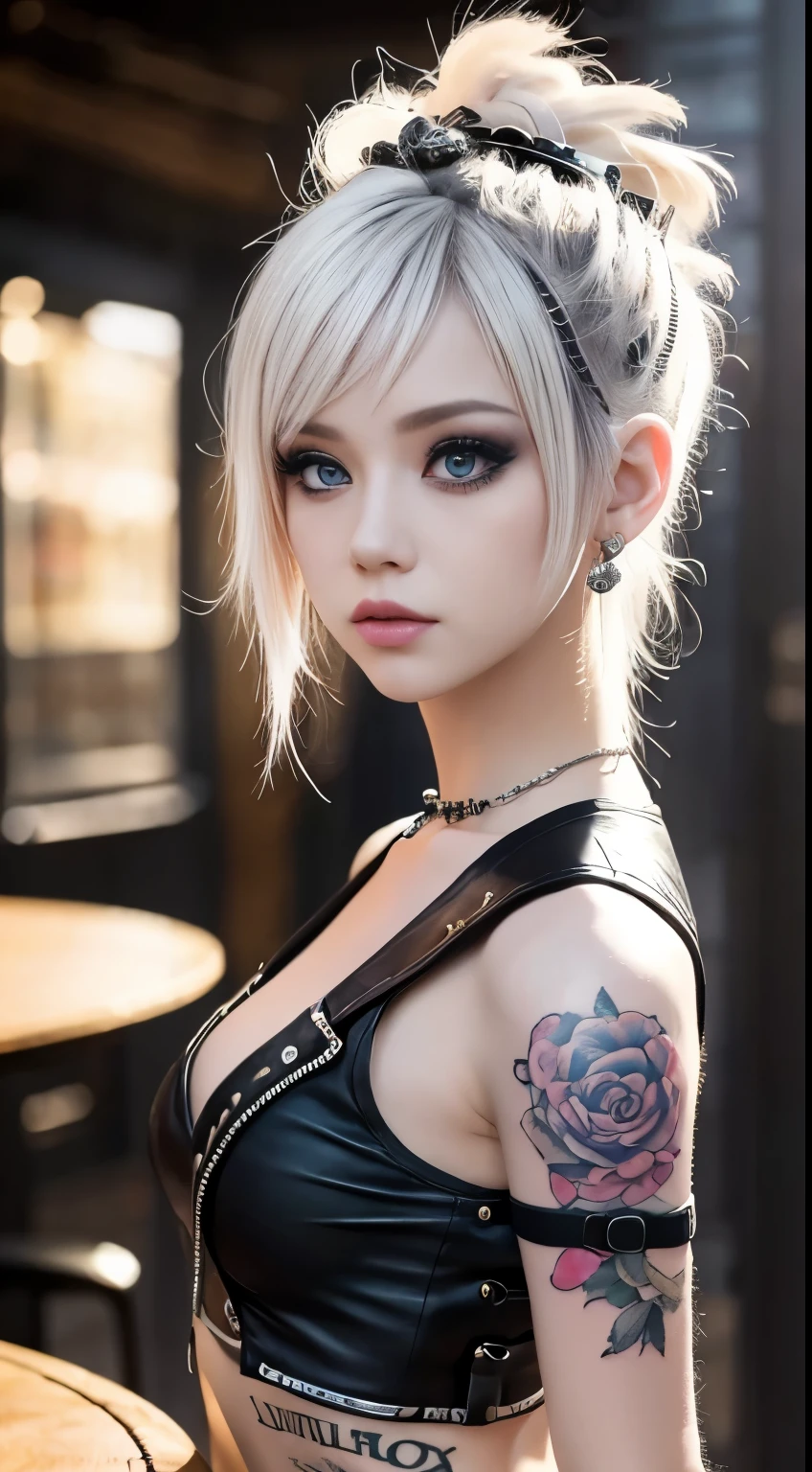 Tips for the first topic are as follows： quality, 8K, 32k, On a table:1.3), ultra - detailed, (realistically:1.4), white colors, albinism, punk girl, Detailed eyes, Upper part of the body, Luxurious Punk Hairstyle, Avant-garde punk fashion, Avant-garde makeup, numerous piercings, There are a lot of tattoos, streets background, backlight effect, shallowdepthoffield, vague background"