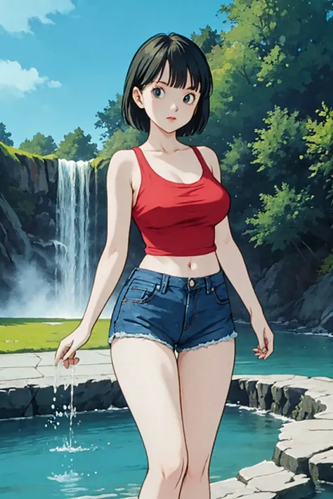 a woman with a curvy figure, t-shirt knotted at the front, denim shorts, summer scene, heat, cooling water fountain, ultra-detai...