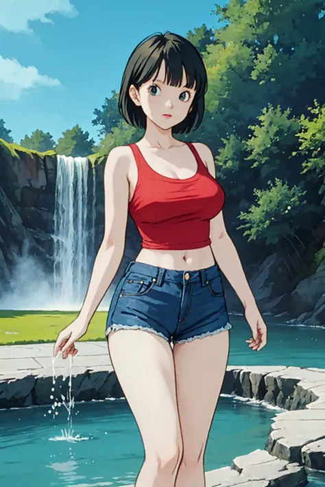 a woman with a curvy figure, t-shirt knotted at the front, denim shorts, summer scene, heat, cooling water fountain, ultra-detai...