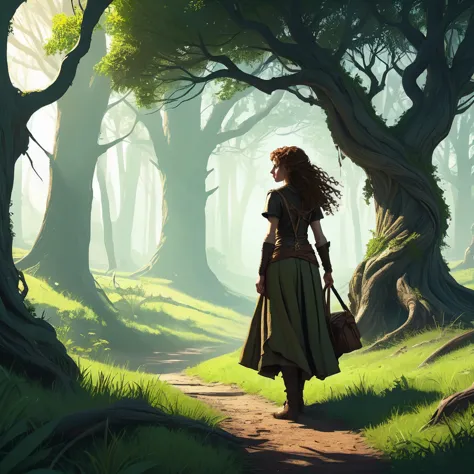 under the canopy of ancient, twisted trees, a young female teenager with curly brown hair stands at the edge of a grassfield. he...