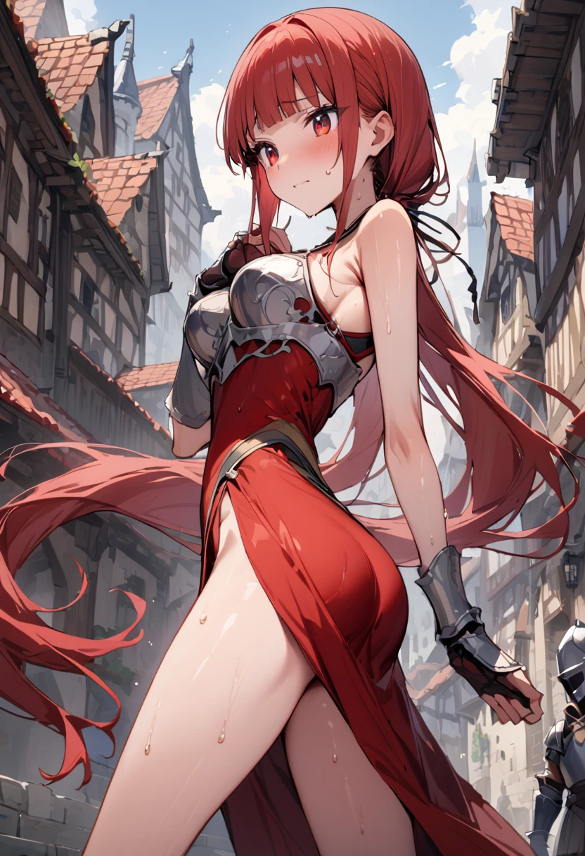 ((masterpiece,Highest quality:1.3)),cowboy shot,1woman,30 year old beauty,female knight、独奏,((very small head:1.2)),red hair,long hair,low ponytail,blunt bangs,red eyes,gorgeous eyes,shy,medium breasts,((very long body:1.2)),((toned body,slender body,skinny)),gleaming skin,shiny skin,sweat,knight armor、Iron Gauntlets、Red Skirt、slit、standing,city、Medieval Europe、