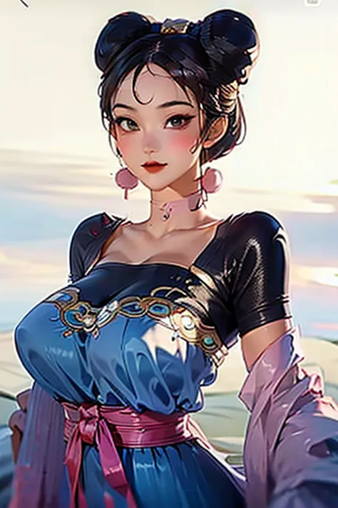 Chun-Li, from street fighter,(Large Breasts:1.5),Dynamic poses, completely open her chest,Big breasts,,(((Full and soft breasts,...