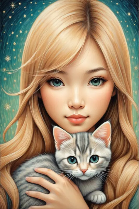 by Duy Huynh, by Audrey Kawasaki, by Becky Cloonan, cute 18 year old woman and her kitten, digital oil pastel on canvasdigital o...