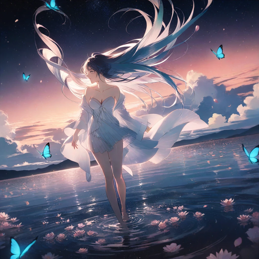 by rella, by Yoshitaka Amano, 1girl, 
beautiful face, parted lips, cleavage, splashing collarbone, detailed long hair, floating hair, wind effect,
strapless, bare shoulders, open shirt, designed by Alexandre Benois,
standing on lake, water, barefoot, ripples, soft shadows, blue sky, cloud, cloudy sky, starry sky, space, nebula, aurora, milky way, petals, flowers, Butterfly, Blue Butterfly, particle,
looking away, perspective from above,
[cel shading:flat-pasto:0.6], 
beautiful, aesthetic, elegance, ethereal beauty, transparent, clarity, detailed, intricate details, absurdres, beautiful color,
masterpiece, amazing quality, best quality, high quality, 4K, 8K, 64K, UHD,