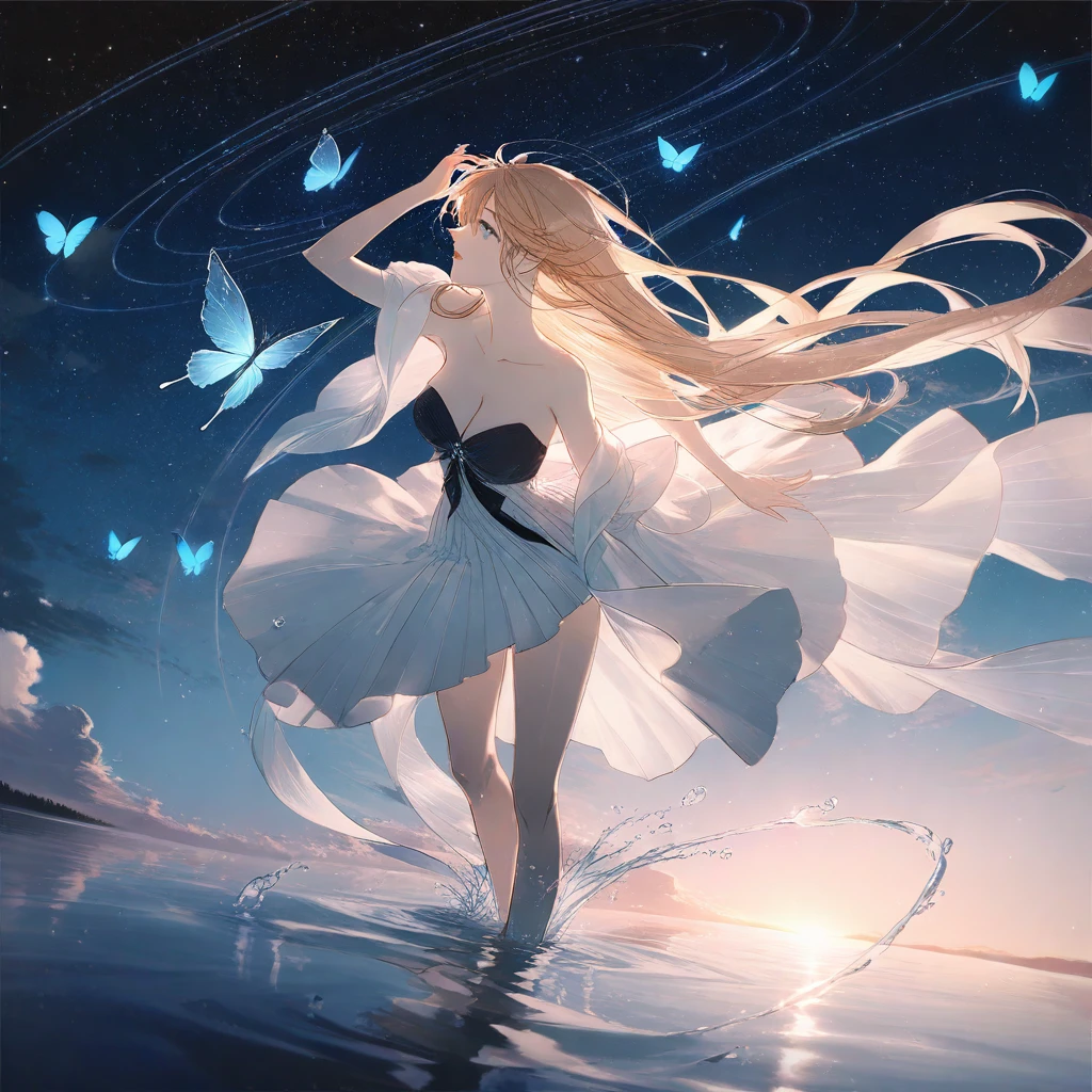 by rella, by Yoshitaka Amano, 1girl, 
beautiful face, parted lips, cleavage, splashing collarbone, detailed long hair, floating hair, wind effect,
strapless, bare shoulders, open shirt, designed by Alexandre Benois,
standing on lake, water, barefoot, ripples, soft shadows, blue sky, cloud, cloudy sky, starry sky, space, nebula, aurora, milky way, petals, flowers, Butterfly, Blue Butterfly, particle,
looking away, perspective from above,
[cel shading:flat-pasto:0.6], 
beautiful, aesthetic, elegance, ethereal beauty, transparent, clarity, detailed, intricate details, absurdres, beautiful color,
masterpiece, amazing quality, best quality, high quality, 4K, 8K, 64K, UHD,