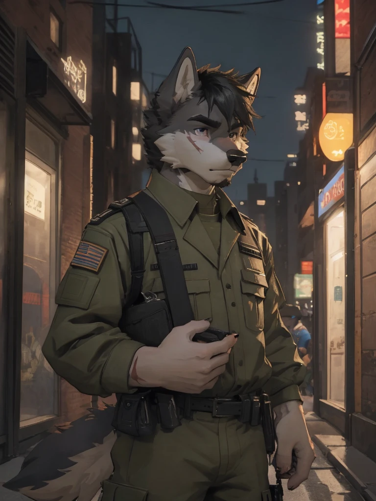 Male, male focus, wolf, short hairs, black fur, white fur, black hair, Red heart stripes on his hair, military uniform, high quality, highlight, shade, shadow, city street, night, scars, high details, Very high level of detail, Very detailed shading 