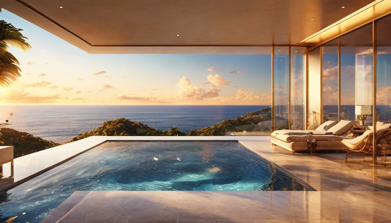 a modern luxury mansion, infinity pool, ocean view, floor-to-ceiling windows, sleek luxury interior design, photorealistic, 8k, best quality, masterpiece, highly detailed, dramatic lighting, cinematic, beautiful scenery, serene atmosphere, warm color palette, golden hour lighting, architectural marvel