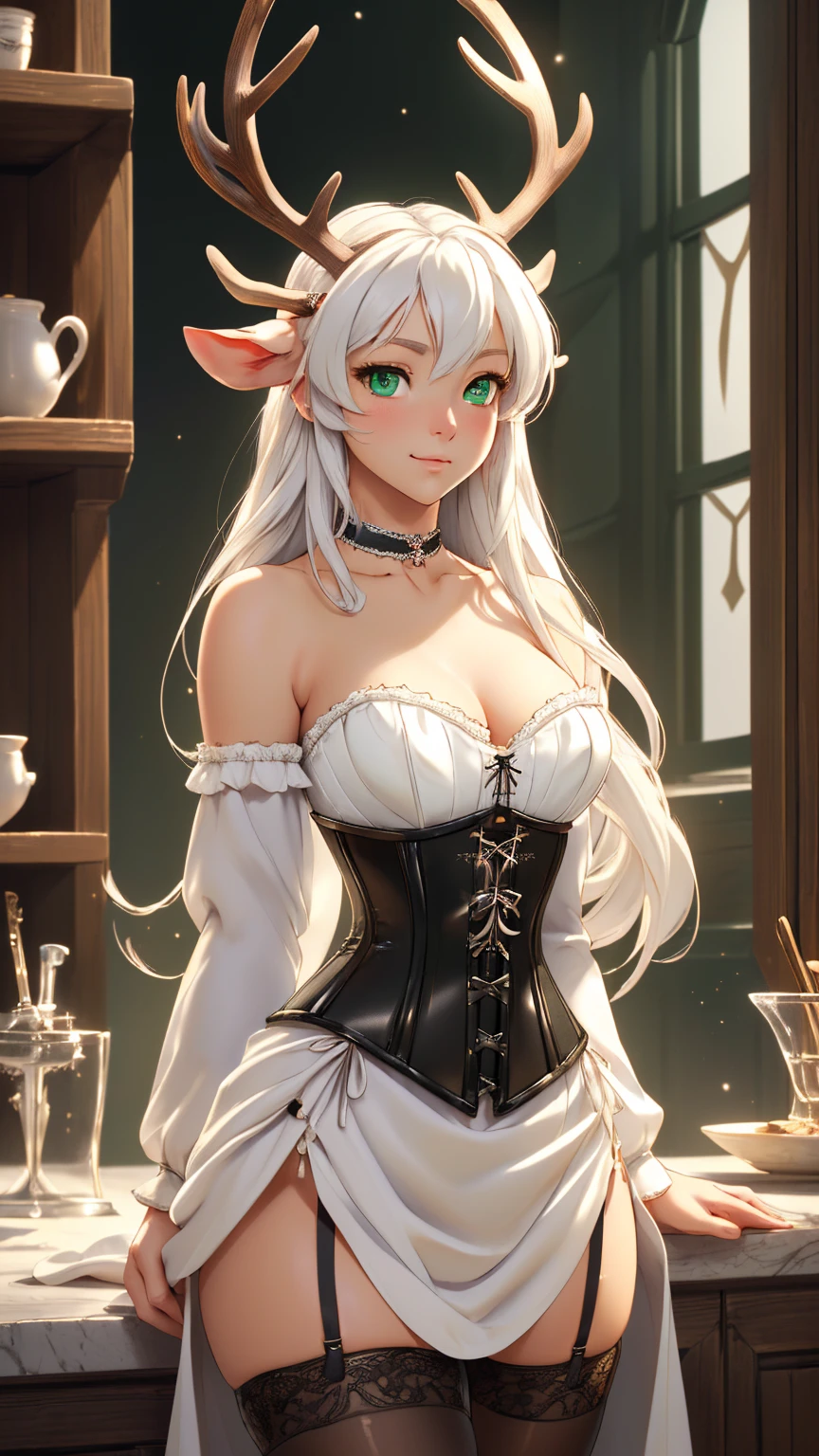 Deer Girl, ((without antlers)) Gentle, ((white colored hair)) ((Eat a cute reindeer tail)) Long Beautiful Hair, ((Beautiful and detailed face)), Charming, Kind expression on his face, Facing the camera, ((Skin color: white)), Body glare, ((Clear and detailed eyes)), ((Beautiful Female Eyes)), ((green colored eyes)), ((Perfect Sexy Figure)), ((Ideal body shapes)) ((Detailed hands)), big thighs, ((Subtle and beautiful)), ((sexy clothes: ((White Medieval Dress)) z ((black corset)) and sexy neckline, chocker on neck)), Standing like a servant, background: Modern Kitchen Beautiful House, Depth of field, ((ultra quality)), ((tmasterpiece)), ((clear image)), ((crisp details)), ((Realistic)), ((Professional Photo Session)), ((Clear Focus)), the anime, ((Colorfully drawn)), NSFW, ((Stockings)), flirting face