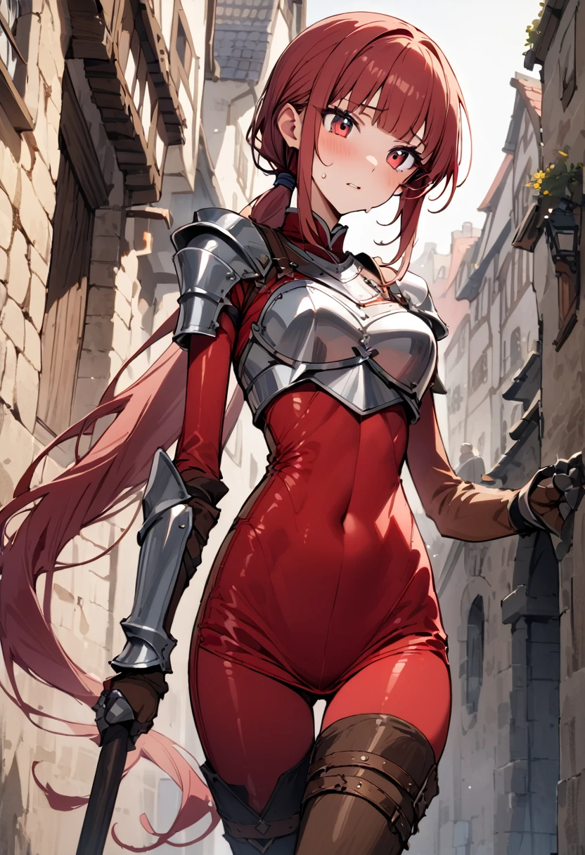 ((masterpiece,Highest quality:1.3)),cowboy shot,1woman,30 year old beauty,female knight、独奏,((very small head:1.3)),red hair,long hair,low ponytail,blunt bangs,red eyes,gorgeous eyes,shy,medium breasts,((very long body:1.2)),((toned body,slender body,skinny)),gleaming skin,shiny skin,sweat,knight armor、Iron Gauntlets、Red tight dress、slit、(Leather knee-high boots)、standing,city、Medieval Europe、