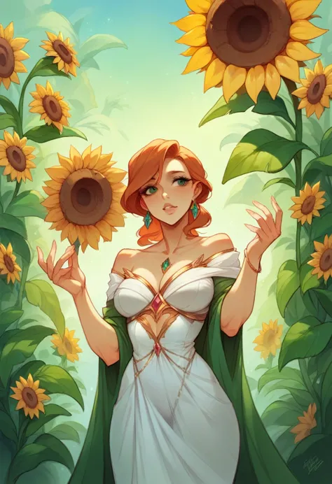 a woman standing next to a sunflower, digital art, by Marie Bashkirtseff, tumblr, digital art, beautiful glass work, metal sculp...