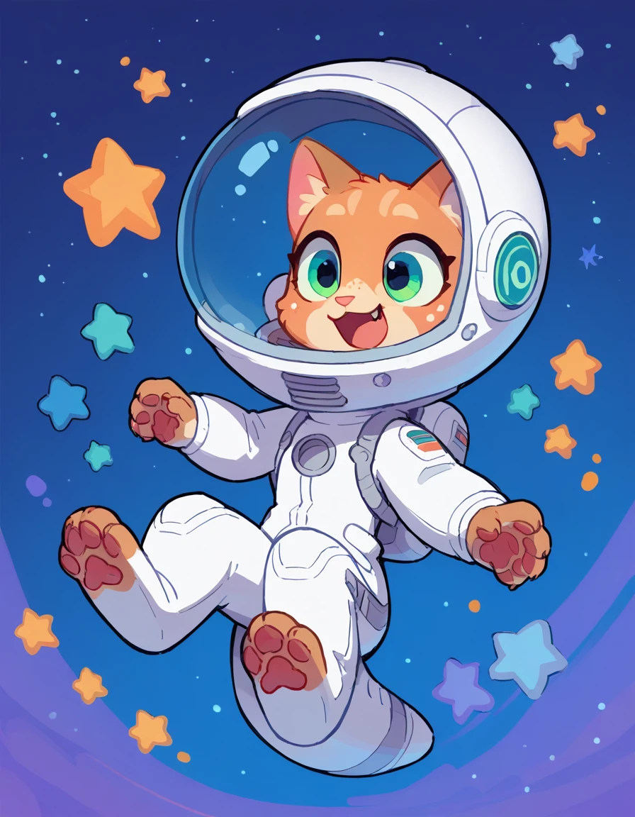 The Q version of the cute furry cat, flying in the space, spacesuit, cute, stars, space, having fun, excited expression, paws, beans 