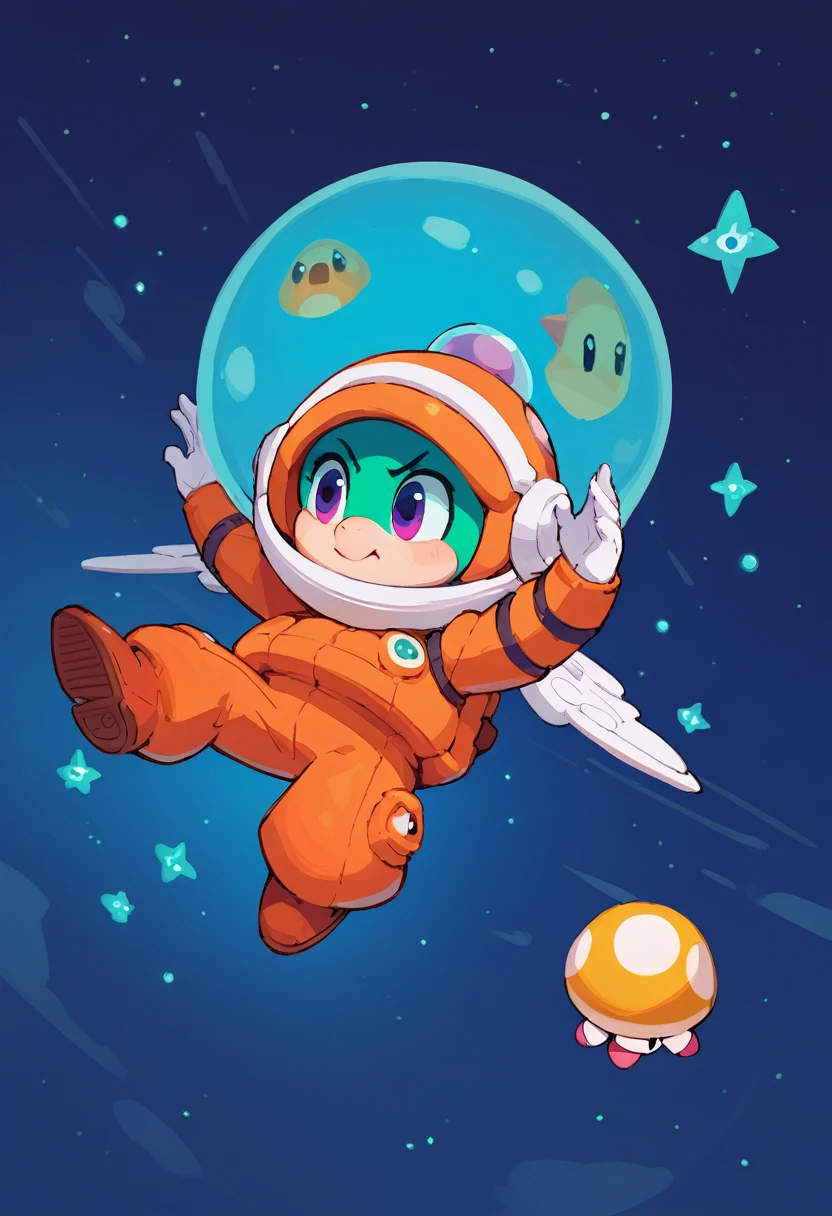 A toad from mario, flying in the space, space suit