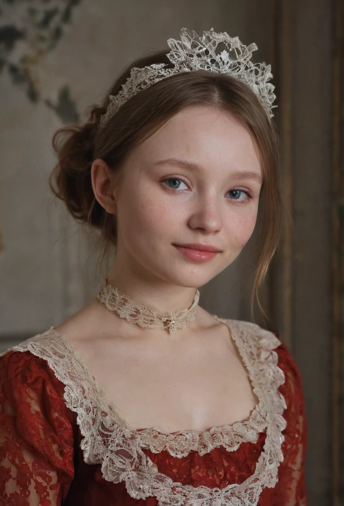 a beautiful detailed portrait of Emily Browning, 1girl,sensual 15 year old girl, grand smile, transparent lace red vermilion blouse and chemise with a Medici collar, (best quality,4k,8k,highres,masterpiece:1.2),ultra-detailed,(realistic,photorealistic,photo-realistic:1.37),intricate details,dramatic lighting,warm colors,rich textures,chiaroscuro,oil painting, dentelle de Valenciennes, montant couvrant le cou , grosse poitrine, hautaine avec beaucoup de prestance, arriere plan flou et premier plan net, grande aristocrate et de bonne famille , peau diaphane, Masque vénitien foncé montrant ses beaux yeux verts , shining eyes, Porter un beau chignon avec des fleurs dans les cheveux, ou couronne de fleuris, dans une église baroque avec des vitraux 