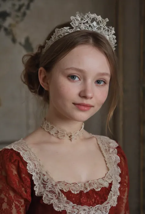 a beautiful detailed portrait of Emily Browning, 1girl,sensual 15 year old girl, grand smile, transparent lace red vermilion blo...