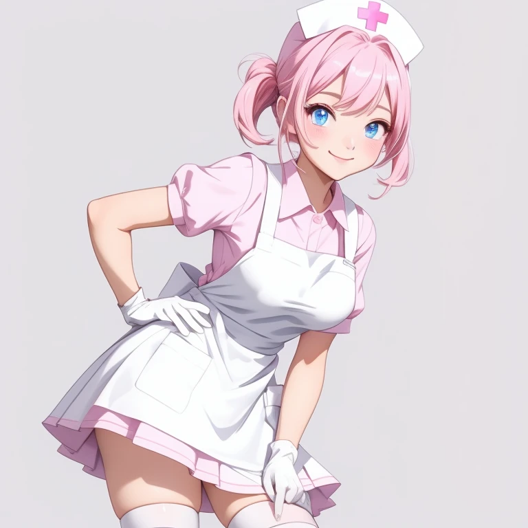 1 chica, solo, enfermero, enfermero cap, vestido rosa con cuello, Delantal blanco, ((calzas blancas, zettai ryouiki)), guantes blancos, Cabello rosado, blue eyes, ojos caídos, sonrisa, de pie, contorno nítido, mangas cortas, fondo gris, fondo sencillo, mejor calidad, obra maestra