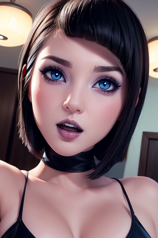 Attractive girl with big blue eyes, White skin, eyeliner and open mouth showing vampire fangs, short black hair with bob style bangs voluminous lips thin nose image 1.2 high resolution 12k gotich makeup fanart Stunning 