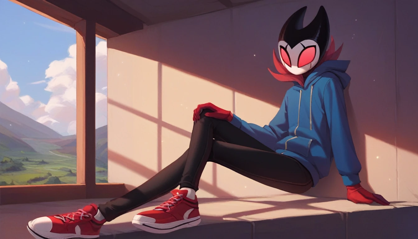 score_9, score_8_up, score_7_up, score_6_up, zPDXL2, grimm \(hollow knight\), vampire, bat, 1boy, solo, cute face, detailed eyes, portrait, anthro, black sports pants, blue large hoodie, red sports gloves, sneakers, background, near the window, landscape, looking into nothing