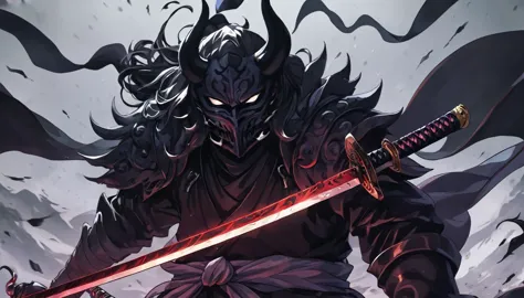 demon mask, sword on the hand,close up, black heavy detailed clothes, hand katana, art, dark and malevolent, hand sword, armor, ...