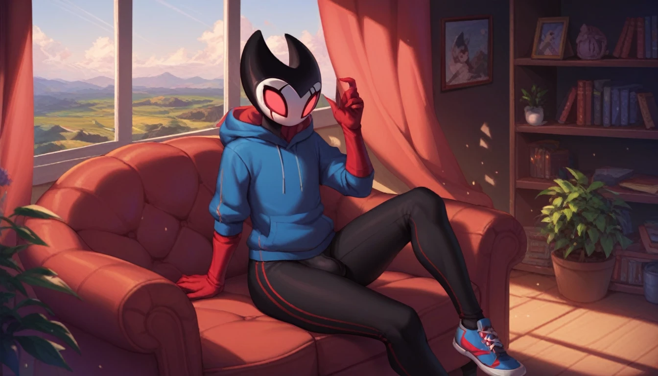 score_9, score_8_up, score_7_up, score_6_up, zPDXL2, grimm \(hollow knight\), vampire, bat, 1boy, cute face, detailed eyes, anthro, black sports pants, blue large hoodie, red sports gloves, sneakers, background, near the window, landscape, near an armchair, looking into nothing, portrait of the face, sitting, curvy body, femboy