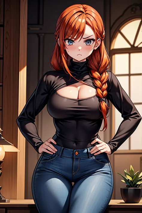 1 female, hourglass figure, pouty look, housewife, cleavage, black turtleneck, small waist, thick thighs, orange hair, braided, ...