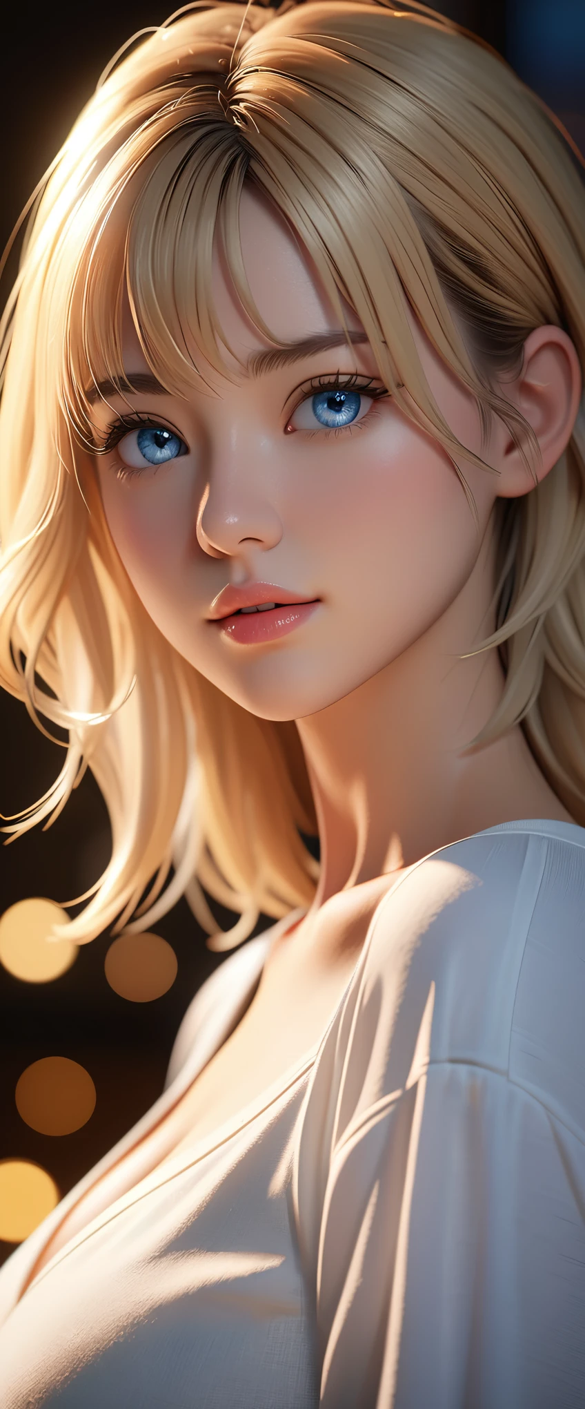 best quality, masterpiece, High resolution, portrait, actual, blue eyes, blond, Large Breasts, 8K resolution, high qualityCG, Beautiful CG, Soft Light, The Tyndall effect, lifelike, two-tone lighting, Side lighting, (HD Skin:1.2), 8K超高清, high quality, Volumetric lighting, confess, photography, 超High resolution, 8K, Bokeh, Shallow depth of field