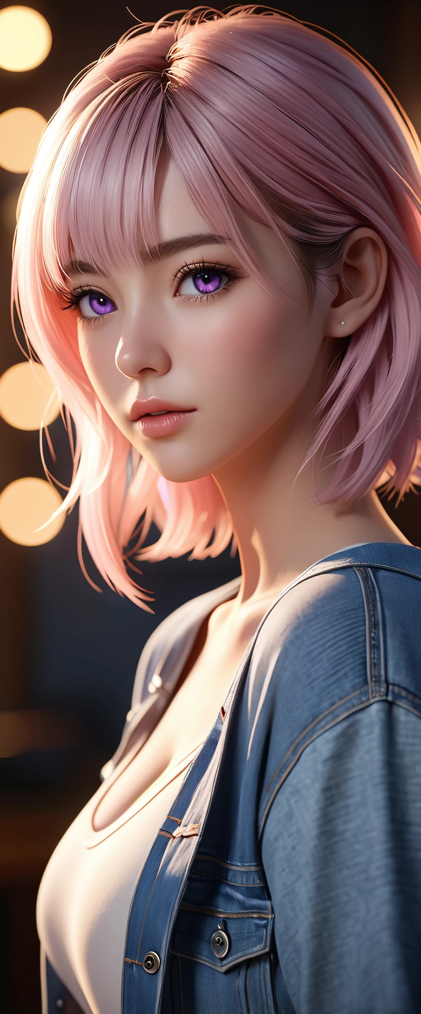 best quality, masterpiece, High resolution, portrait, actual, Purple Eyes, light pink hair, Large Breasts, 8K resolution, high qualityCG, Beautiful CG, Soft Light, fashion brand image, Fashionable and casual, The Tyndall effect, lifelike, studio, Side lighting, (HD Skin:1.2), 8K超高清, sex, high quality, Volumetric lighting, confess, photography, 超High resolution, 8K, Bokeh, Shallow depth of field