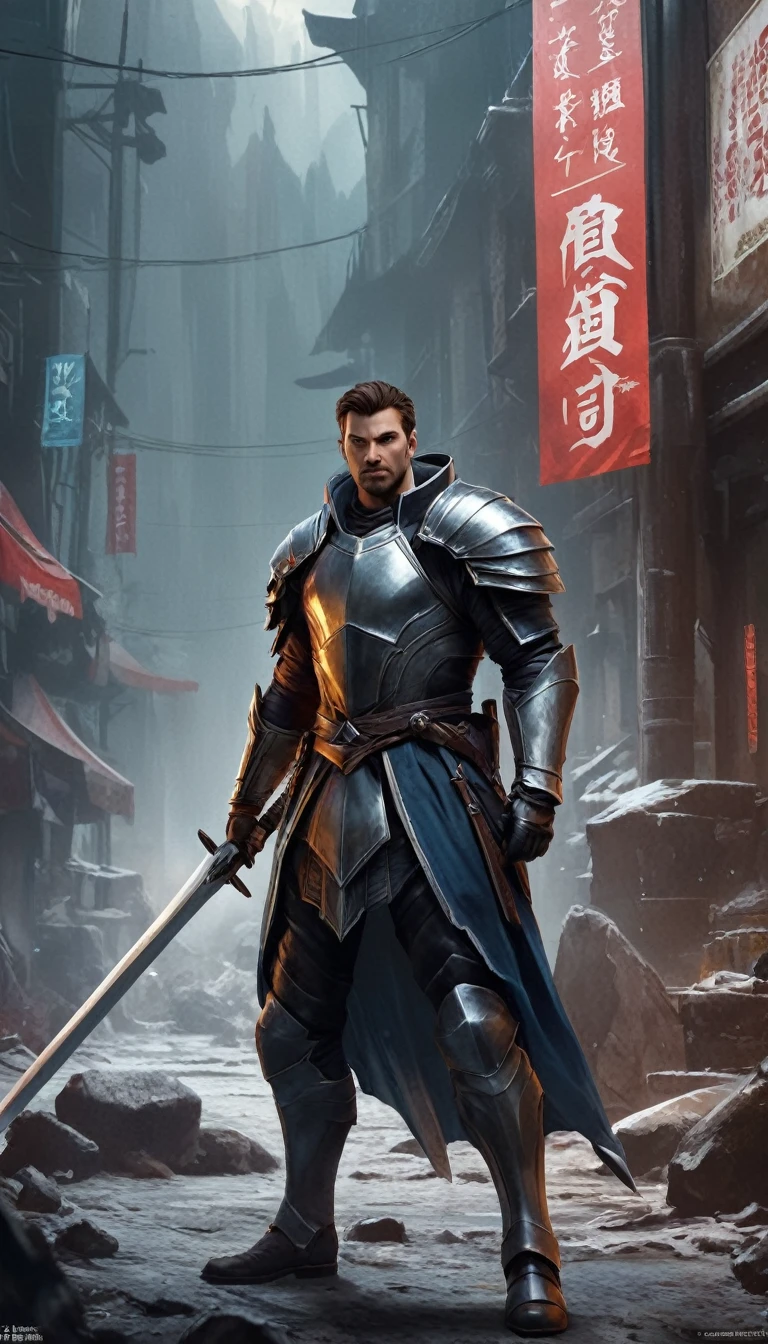 man holding a sword in front of a poster, computer graphics by Li Chevalier, featured on polycount, private press, artstation hd, prerendered graphics, behance hd
