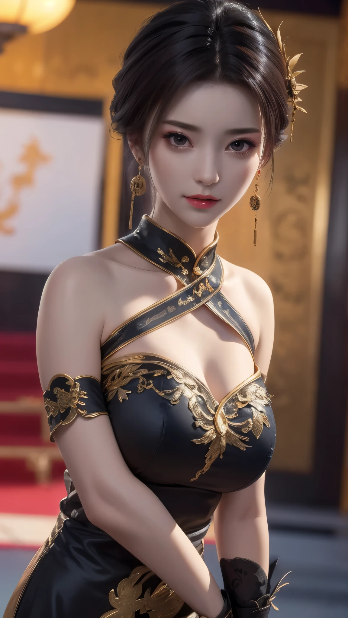 （（（ n_2b, Large Breasts，With short white hair，Wearing a black eye patch，））），((masterpiece)),high resolution, ((best quality))，masterpiece，Top quality，Best quality，Exquisite facial features，Looking at the audience, Light and shadow intertwine，Huge breasts，White skin，Smiling，自信身穿白色中国cheongsam的女子特写, cheongsam, 