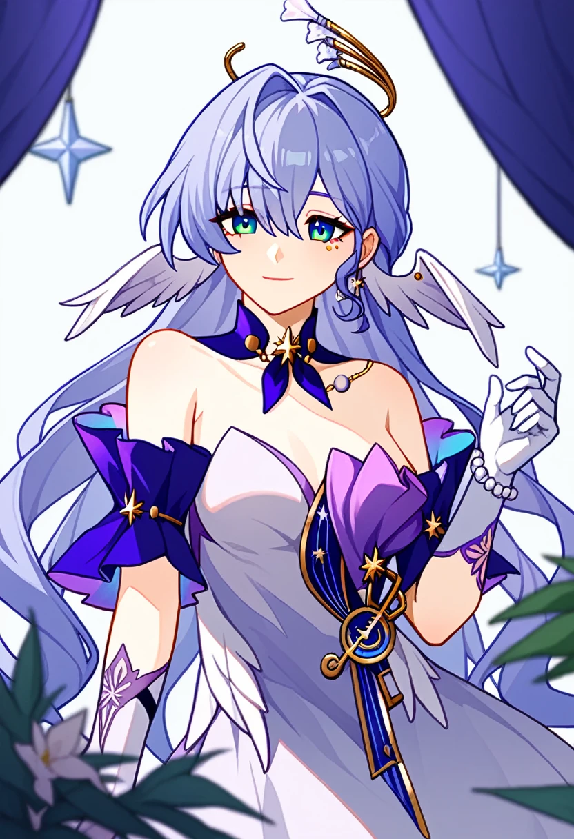 1girl, robin_\(honkai:_star_rail\), bare_shoulders, head_wings, white_dress, white_gloves, detached_sleeves, short_sleeves, aqua_eyes, long_hair, halo, purple_dress, hair_between_eyes, earrings, purple_hair