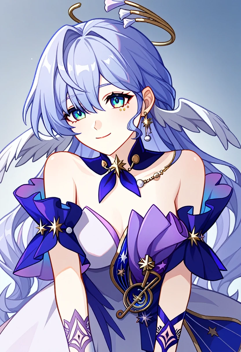 1girl, robin_\(honkai:_star_rail\), bare_shoulders, head_wings, white_dress, white_gloves, detached_sleeves, short_sleeves, aqua_eyes, long_hair, halo, purple_dress, hair_between_eyes, earrings, purple_hair