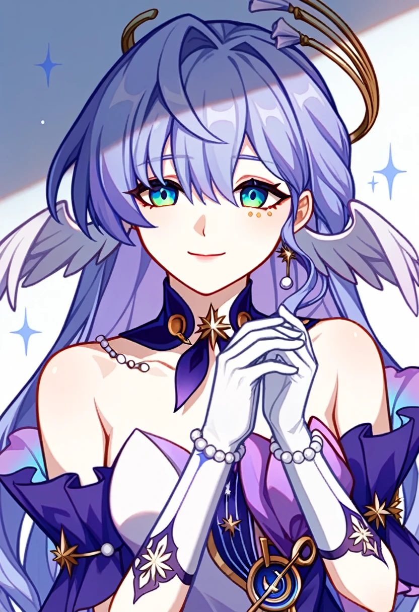 1girl, robin_\(honkai:_star_rail\), bare_shoulders, head_wings, white_dress, white_gloves, detached_sleeves, short_sleeves, aqua_eyes, long_hair, halo, purple_dress, hair_between_eyes, earrings, purple_hair