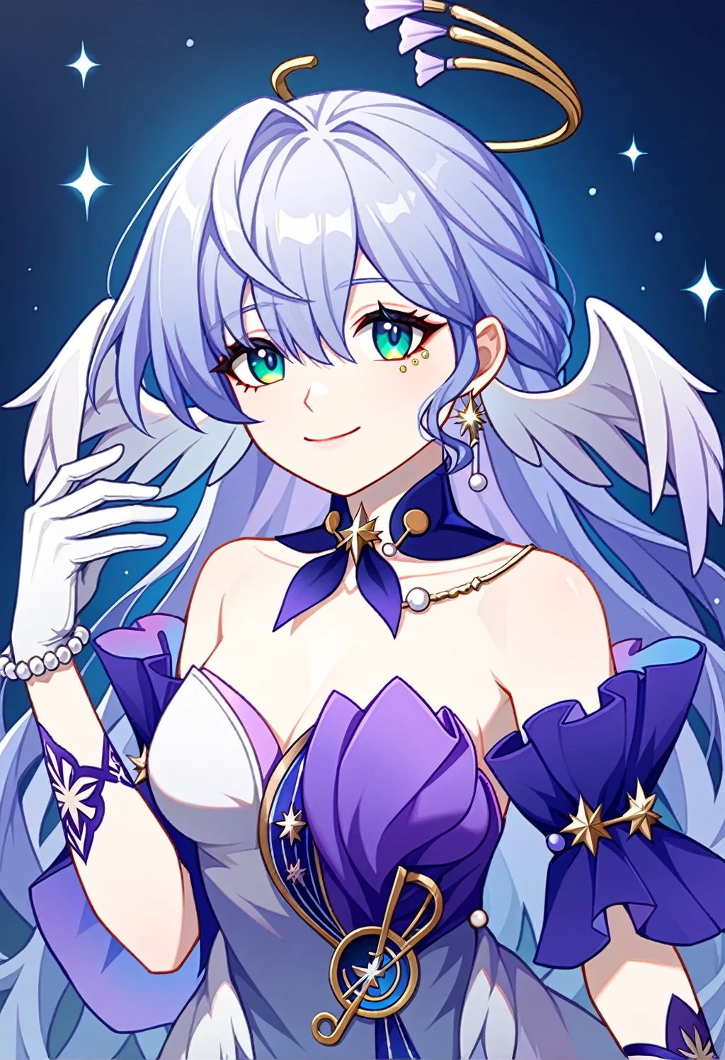 1girl, robin_\(honkai:_star_rail\), bare_shoulders, head_wings, white_dress, white_gloves, detached_sleeves, short_sleeves, aqua_eyes, long_hair, halo, purple_dress, hair_between_eyes, earrings, purple_hair