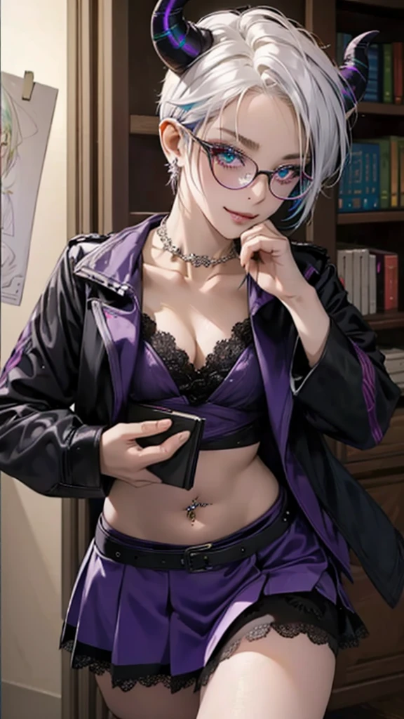 8k, masterpiece, best quality, highly detailed, 1 girl, tiefling, warlock, multicolored hair, very short straight hair green highlight hair on white hair, strippled hair, wearing glasses, round glasses, earrings, red eyeshadow, long eyelashes,navel piercing, blushed cheek, necklace, collarbone, high heels, mole, glamorous, purple and teal clothing, villainy, smirk, seductive face, close up view, rings, looking at viewer, standing, demon horns, solo, hand touching cheek, library, black lace gloves, holding book, miniskirt.