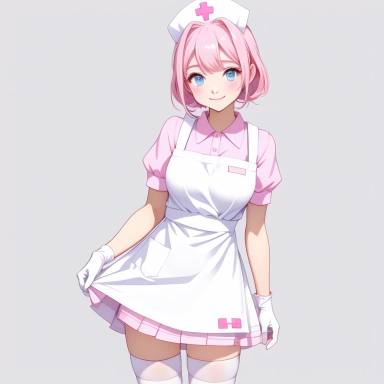 1girl, solo, nurse, nurse cap, pink collared dress, white apron, ((white legwear, zettai ryouiki)), white gloves, pink hair, blue eyes, drooping eyes, smile, standing, sharp outline, short sleeves, gray background, simple background, best quality, masterpiece