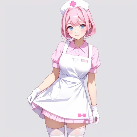 1girl, solo, nurse, nurse cap, pink collared dress, white apron, ((white legwear, zettai ryouiki)), white gloves, pink hair, blu...