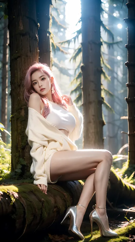 best quality，masterpiece，16k，a girl，wearing a sweater，shorts，white silk，high heel，pink hair，brown eyes，delicate face，big breasts...