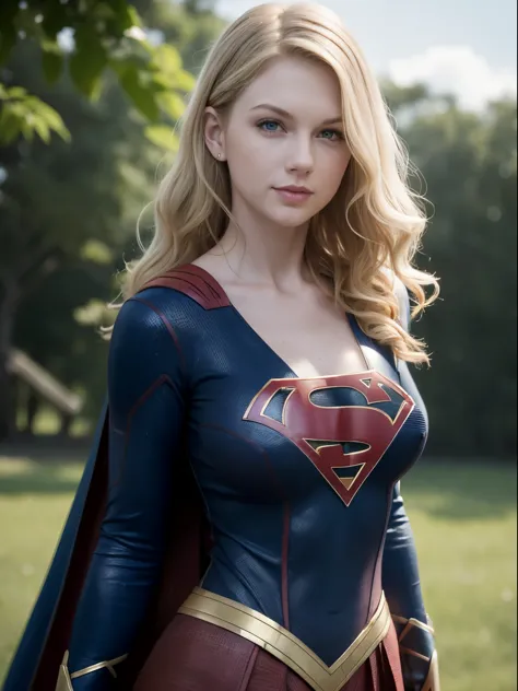 ((high resolution)), ((pale skin)), freckled, Taylor Swift, blushing cheeks, wavy hair, smiling, large breasts, sexy Supergirl
