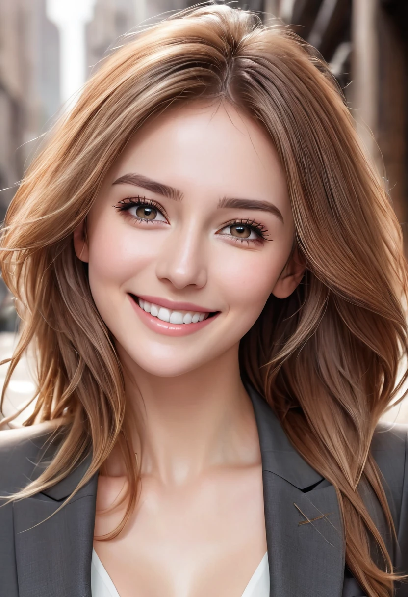 table top, highest quality, realistic, Super detailed, finely, High resolution, 8k wallpaper, 1 beautiful woman,, light brown messy hair, wearing a business suit, sharp focus, perfect dynamic composition, beautiful and detailed eyes, thin hair, Detailed realistic skin texture, smile, close-up portrait, model body shape