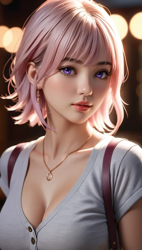 best quality, masterpiece, High resolution, portrait, actual, Purple Eyes, light pink hair, Large Breasts, 8K resolution, high q...