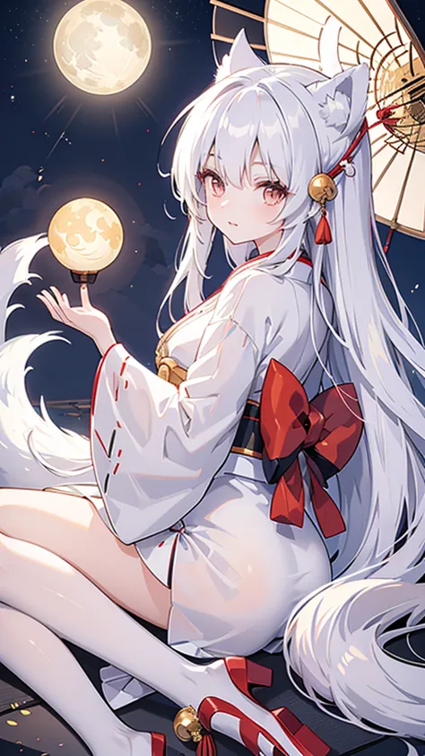 kitsune girl,geisha dress theme sun&moon , traditional japanese , long white hair,silver fox ears, have kitsune tail, beautiful ...