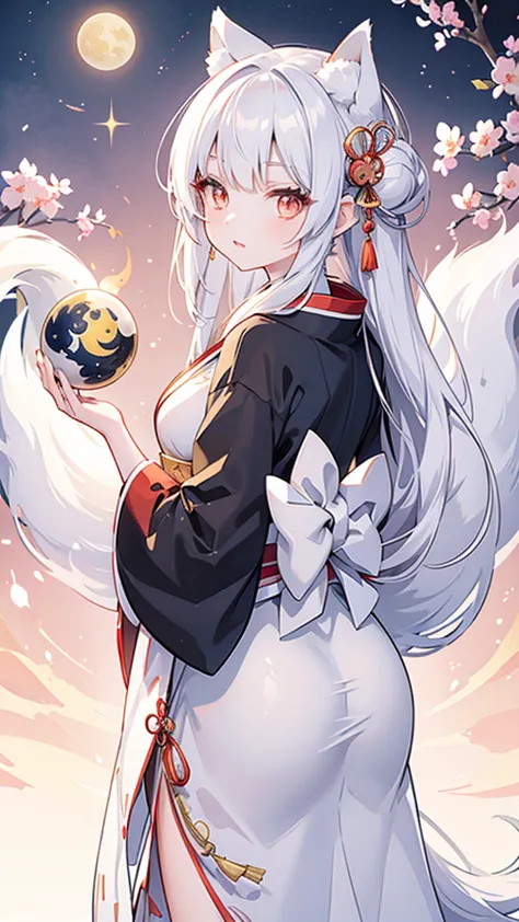 kitsune girl,geisha dress theme sun&moon , traditional japanese , long white hair,silver fox ears, have kitsune tail, beautiful ...