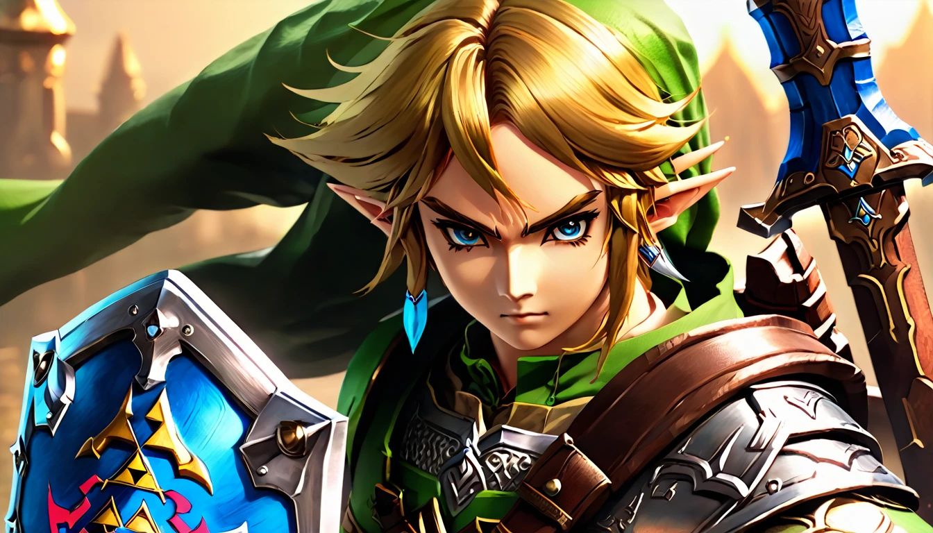 a young anime-style warrior, wielding the master_sword and shield_hyrule, ready for battle, dynamic fantasy scene, plain background, (best quality,4k,8k,highres,masterpiece:1.2),ultra-detailed,(realistic,photorealistic,photo-realistic:1.37),dynamic lighting,cinematic angle,highly detailed armor and equipment,vivid colors,fantasy art style, tphrlnk