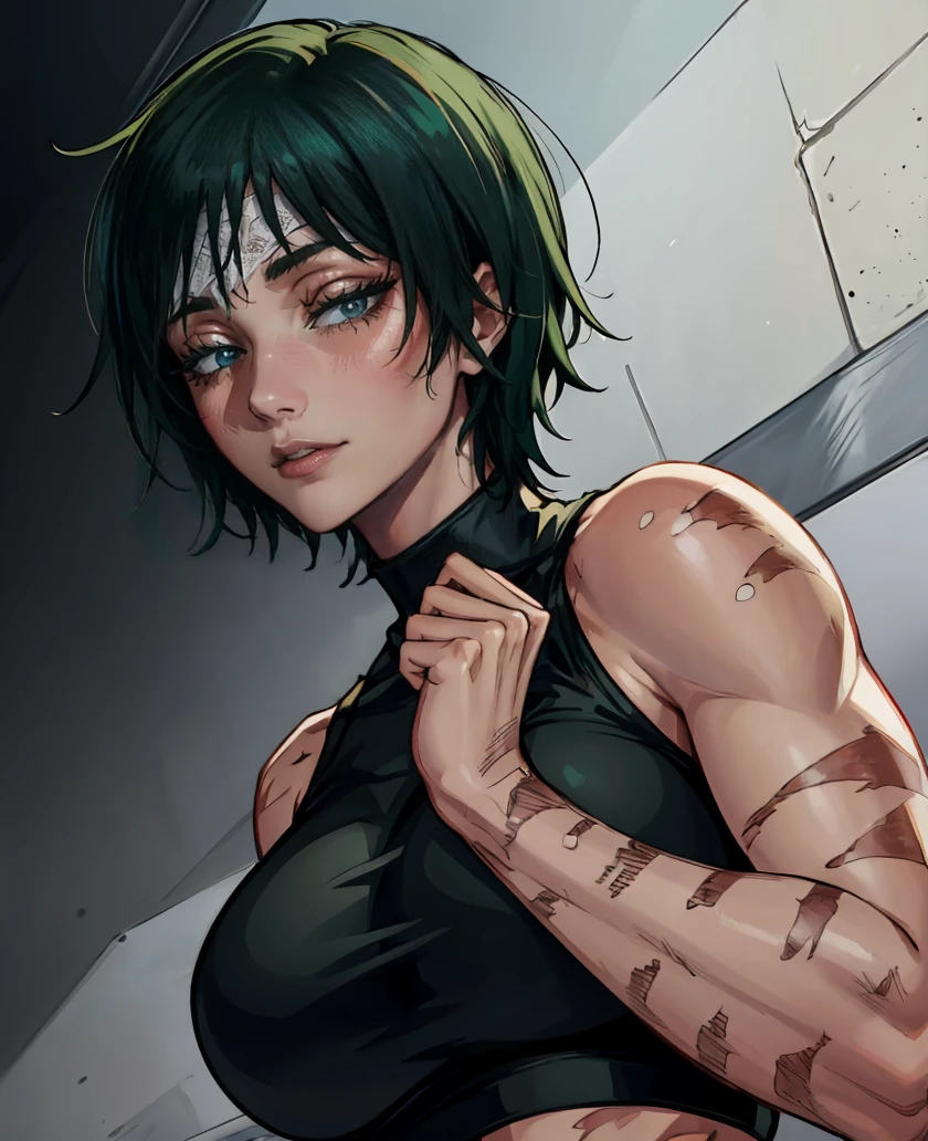 (masterpiece:1.2, best quality:1.2, beautiful, high quality, highres:1.1), 1girl, detailed, short hair, short fluffy hair, short green hair, extremely detailed 4K, perfect eyes, perfect face, only 1 girl, visible bandaid, 1 eye, bandaid covering eye, other eye covered, eye covered with bandaid, circle arms, serious gaze, ready for battle, combat face, nice view, sexy, glasses, circle shaped glasses, yellow shiny eyes, yellow colored eyes, Bandaid on face, posing, hands, arms, scars on arms, scars on face, scars on cheek, bangs, really short hair, scars on body, Maki Zenin eyes, perfect eyes, scars on face, dangerous, eye patch, white bandage on eye, yellow colored eyes, exotica, scar on face, scar on cheeks, visible scars on cheeks, bandage on eye, scar on eye, Maki Zenin, scar on body, very short hair, circle glasses, dark scars on face, Maki Zenin LoRA, black shirt, scar on eye, scars, sleeveless, crop top, beautiful face, perfect lighting, (1girl, solo, adult female, mature female), thin, lithe body, Maki Zenin, green hair, glasses, (big breasts), ((sensual seductive))